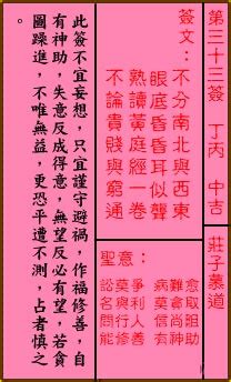 第三十三籤不分南北|第三十三籤 (丁丙 中平→中吉) 不分南北與西東。眼底昏昏耳似聾。